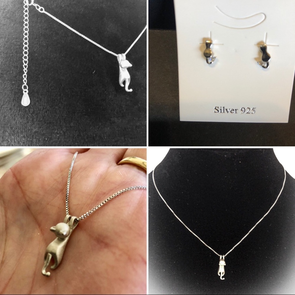 925 Sterling Silver Cat Necklace and Earring Set  Gift Set